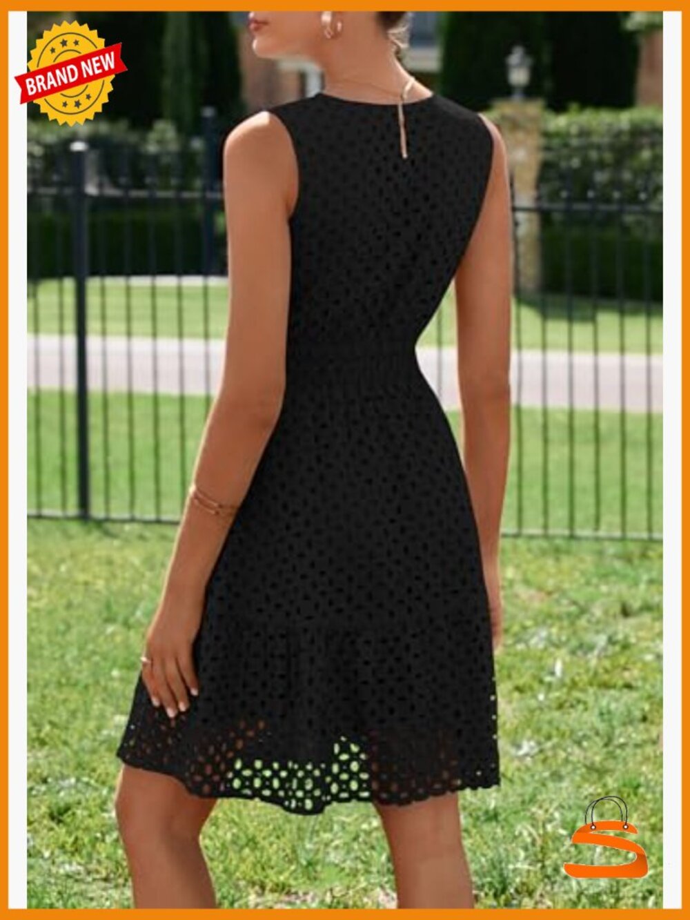 Sleeveless V Neck Eyelet Hollow Out A Line Swing Beach Sun Dress - Picture 6 of 7